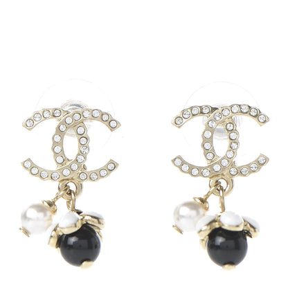 Chanel Crystal Bead Pearl CC Drop Earrings Gold White Black 1 of 5