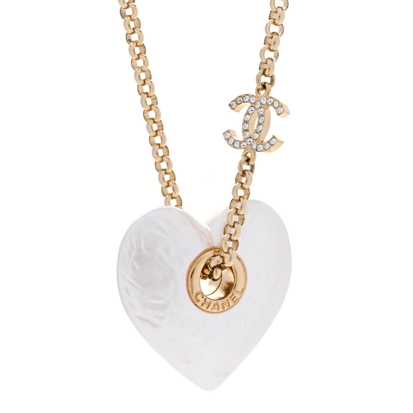 Crystal Pearl CC Heart Pendant Necklace Gold