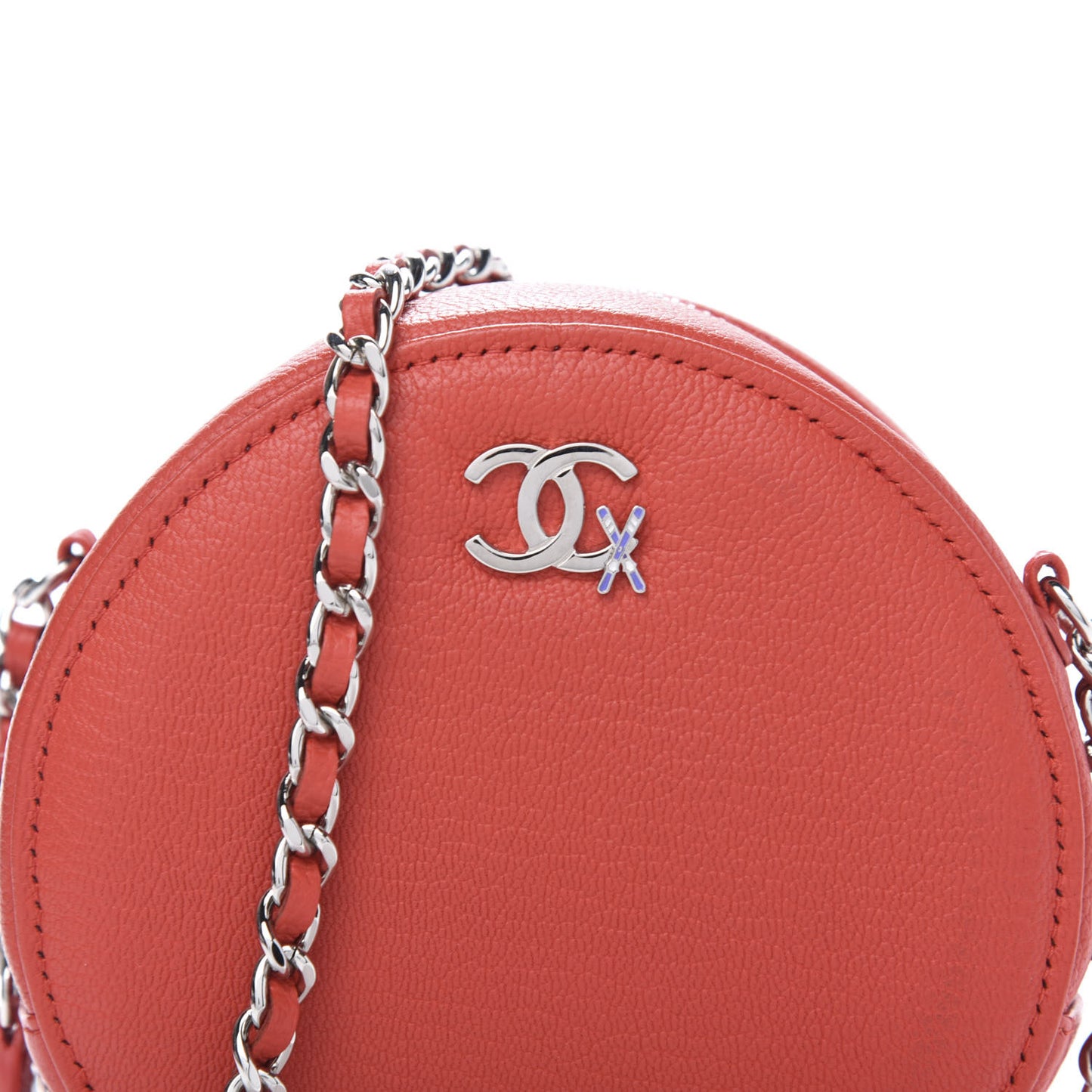 Goatskin Round Clutch With Chain Red
