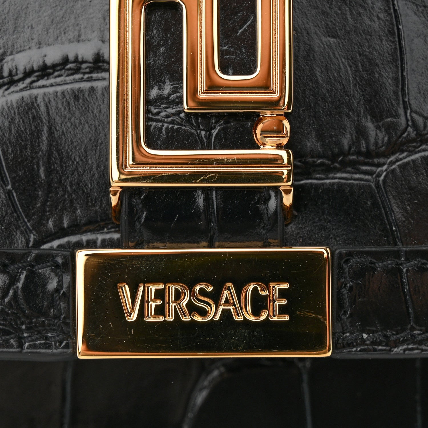 Versace Calfskin Crocodile Embossed Greca Goddess Mini Top Handle Bag Black 12 of 13