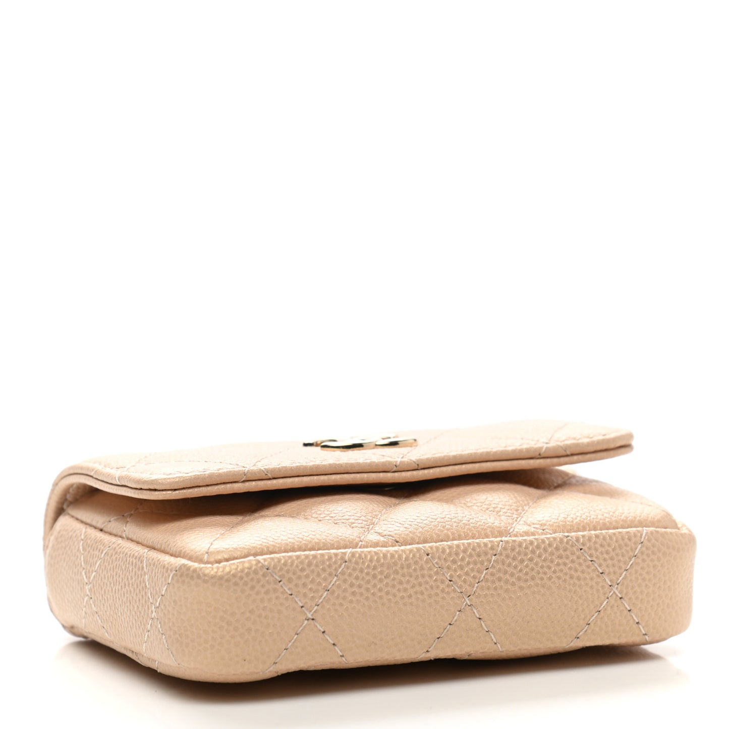 Iridescent Caviar Quilted Pearl Card Holder On Chain Beige