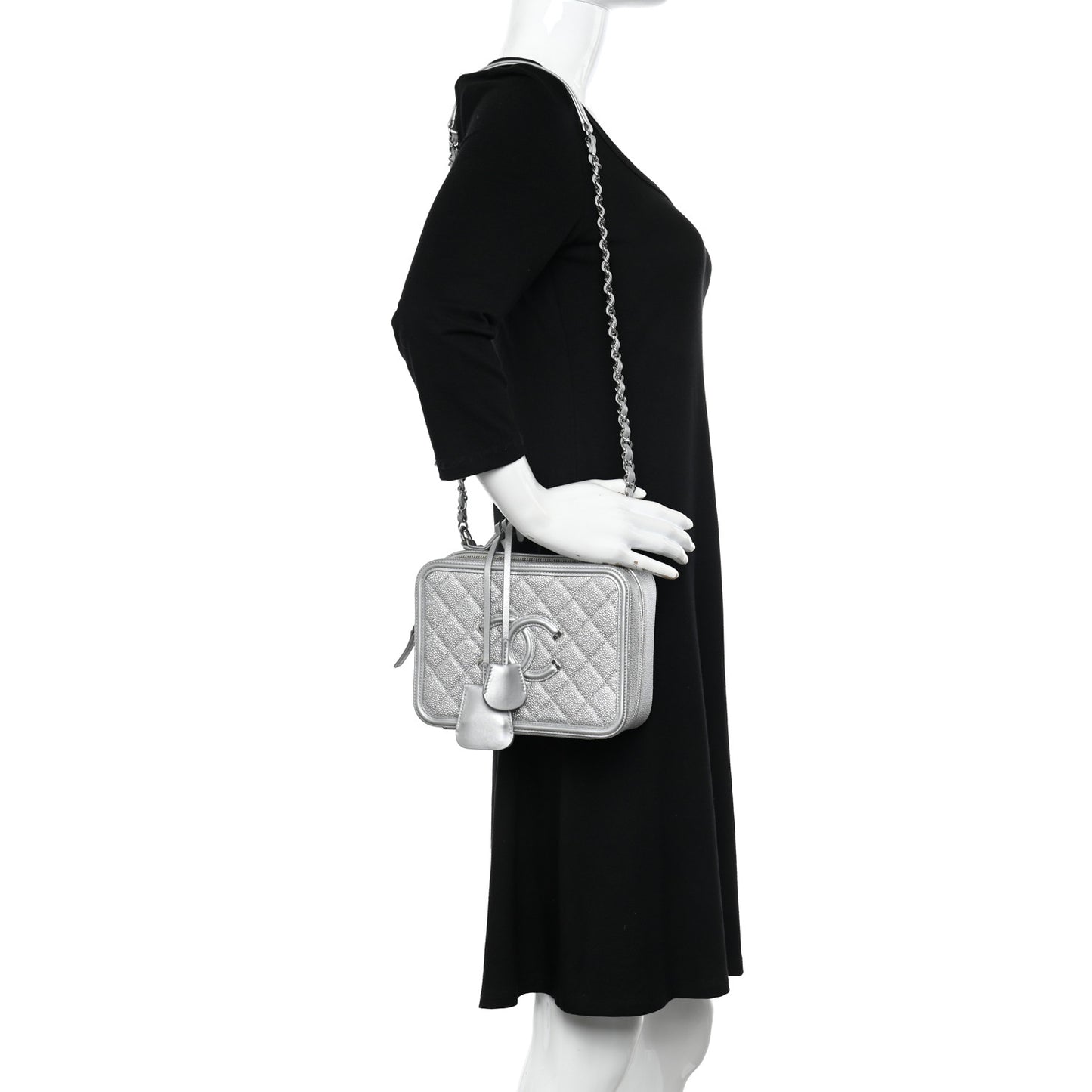 Metallic Caviar Quilted Medium CC Filigree Vanity Case Silver