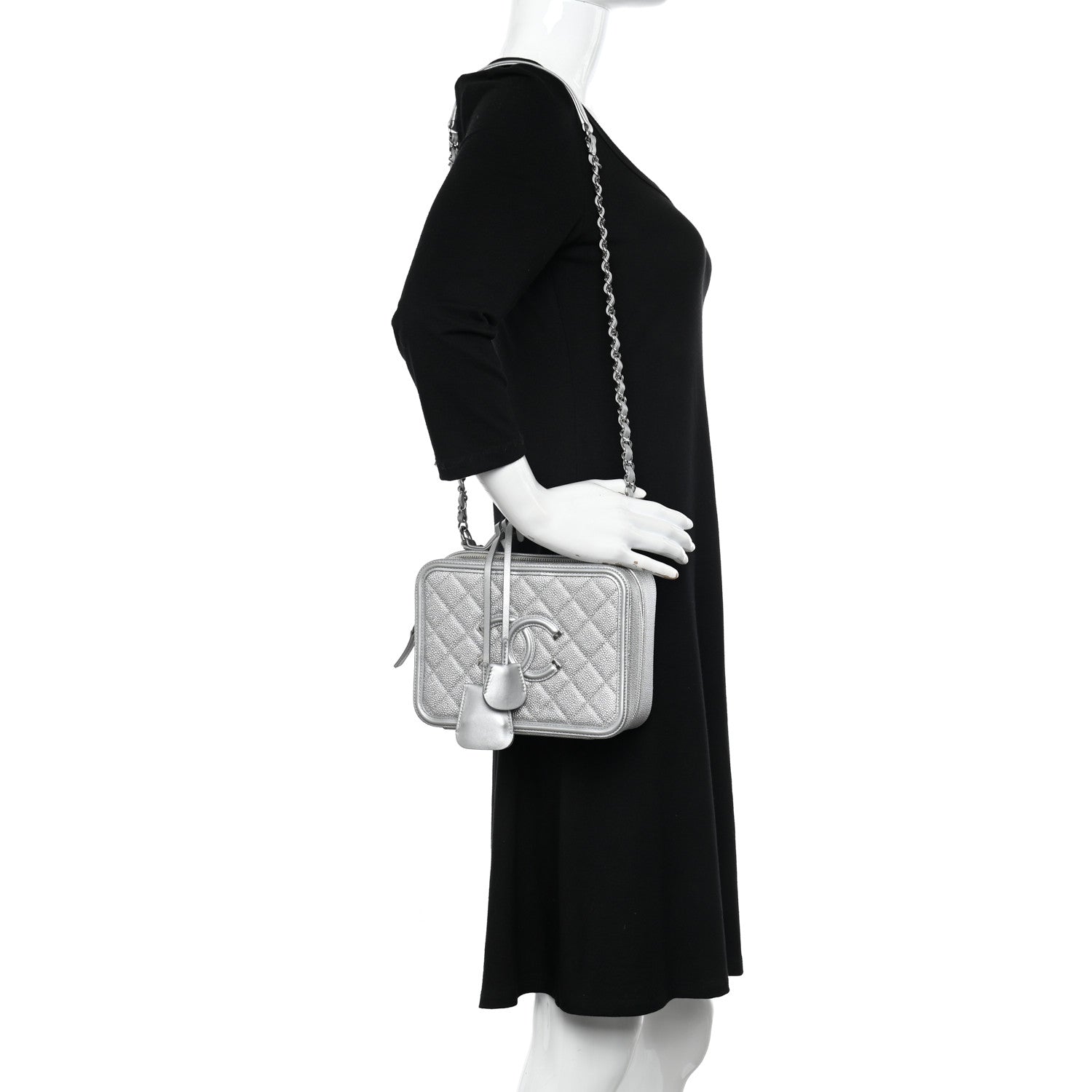 Chanel Metallic Caviar Quilted Medium CC Filigree Vanity Case Silver 2 of 12