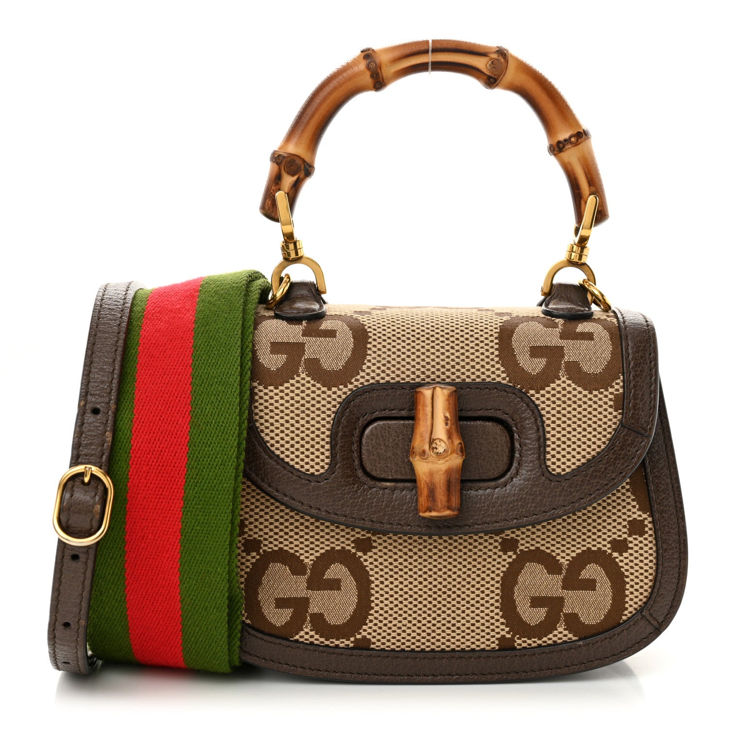 Gucci Monogram Jumbo GG Textured Dollar Calfskin Web Mini Bamboo 1947 Top Handle Bag Camel Ebony New Acero 1 of 12