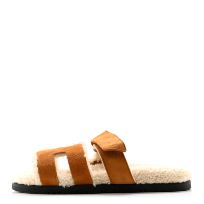 Hermes Suede Goatskin Woolskin Womens Chypre Sandals 38 Brun Fume Ecru 1 of 8