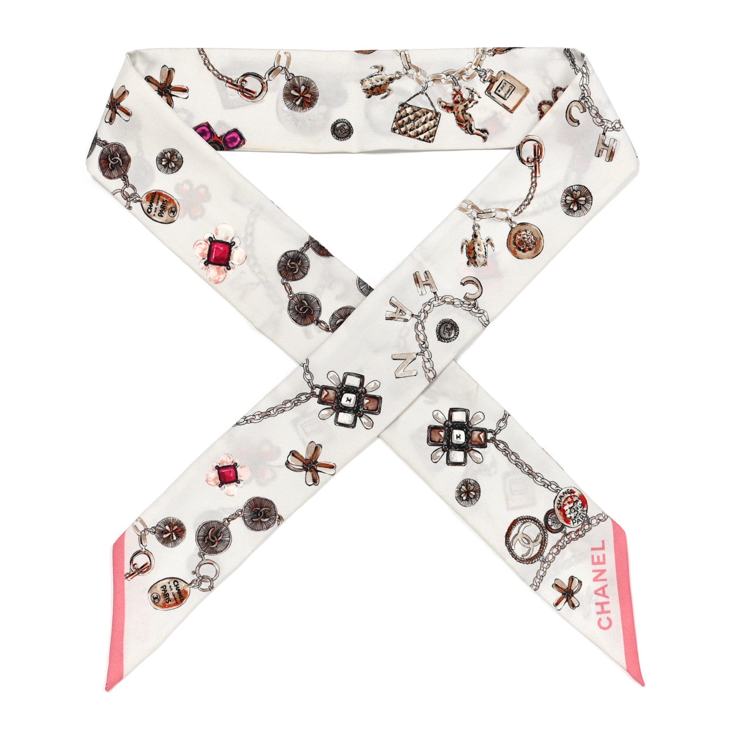 Chanel Silk CC Charms Slim Bandeau Scarf White Pink 1 of 3