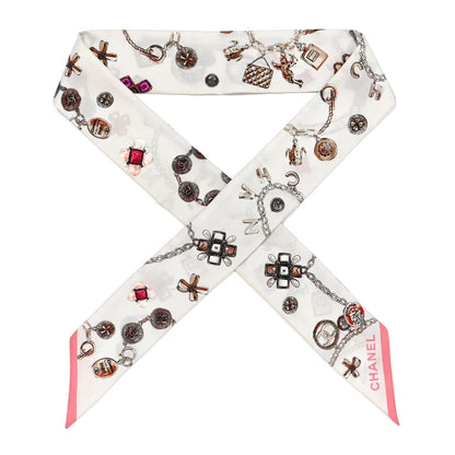 Chanel Silk CC Charms Slim Bandeau Scarf White Pink 1 of 3