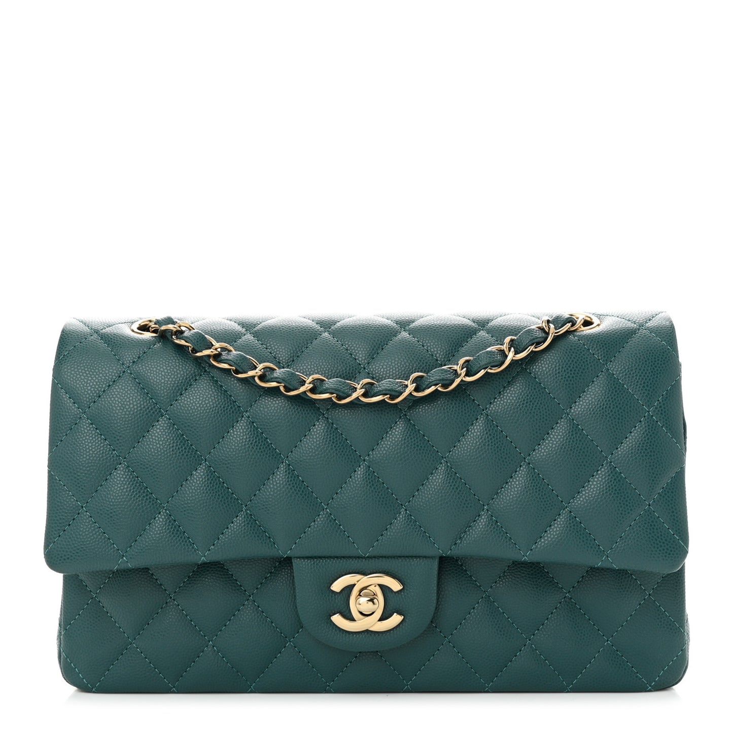 Caviar Quilted Medium Double Flap Dark Green
