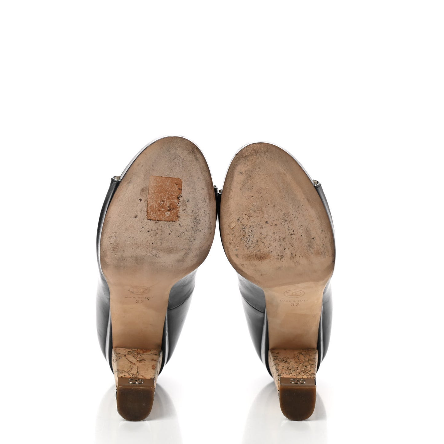 Lambskin Cork Chain CC Peep Toe Pumps 37 Black