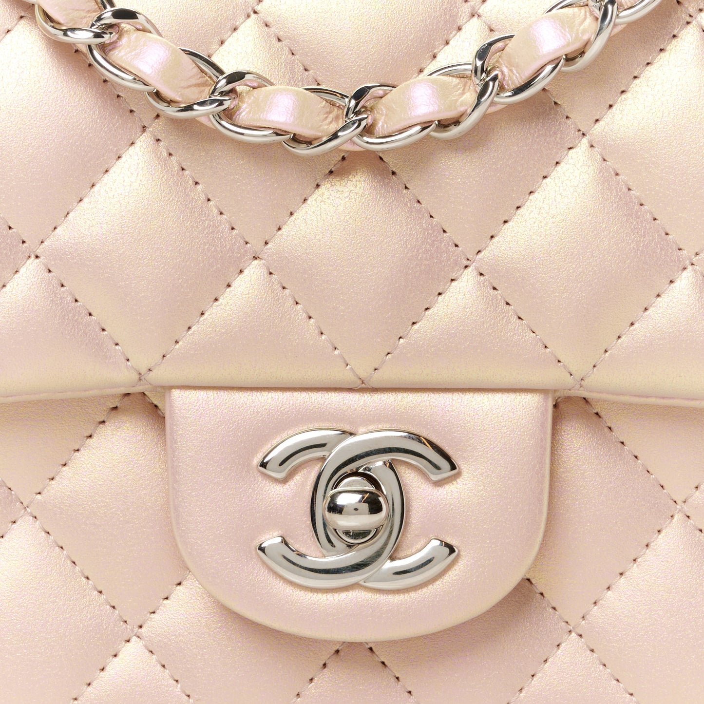 Iridescent Calfskin Quilted Mini Square Flap Pink