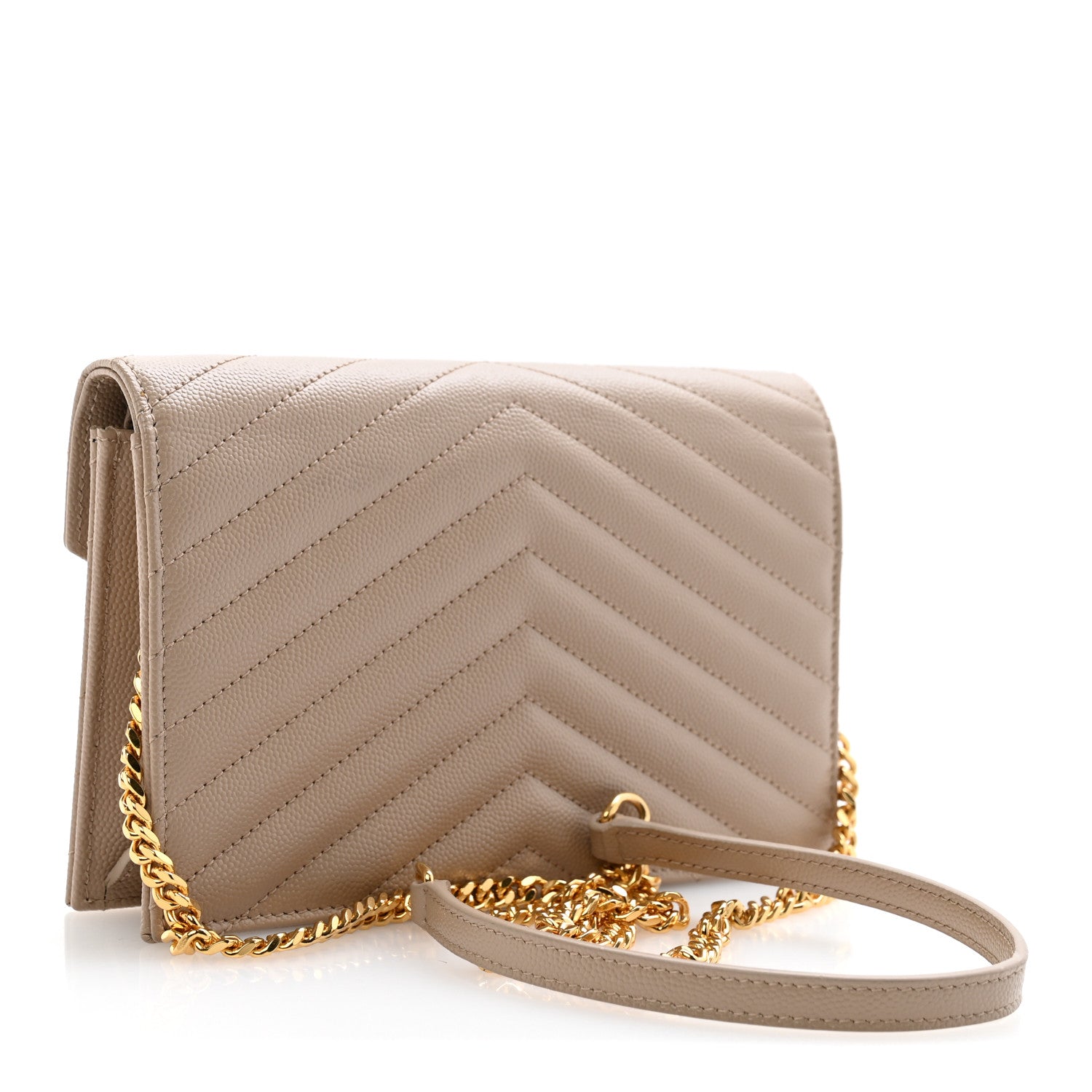 Saint Laurent Grain De Poudre Matelasse Chevron Monogram Envelope Chain Wallet Dark Beige 3 of 11