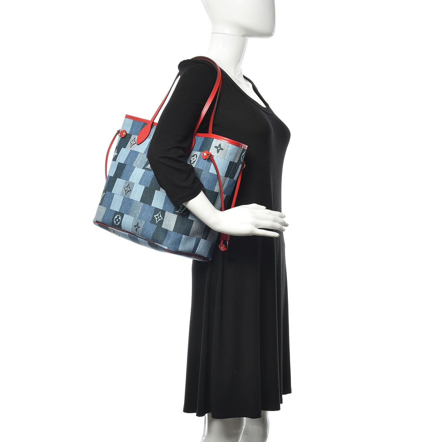 Denim Damier Monogram Patchwork Neverfull Blue Rouge