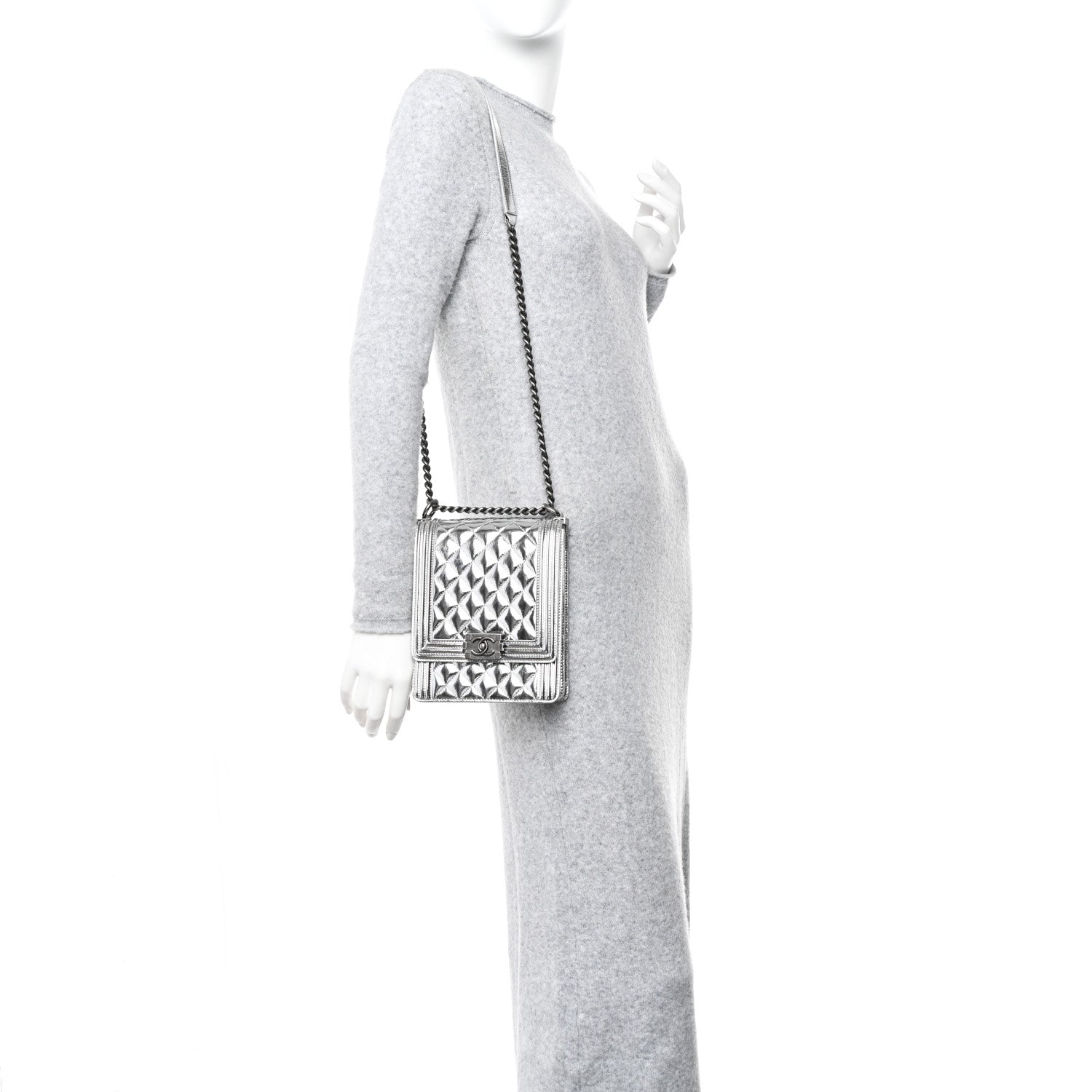 Chanel Metallic Goatskin Quilted North South Boy Flap Silver 2 of 10