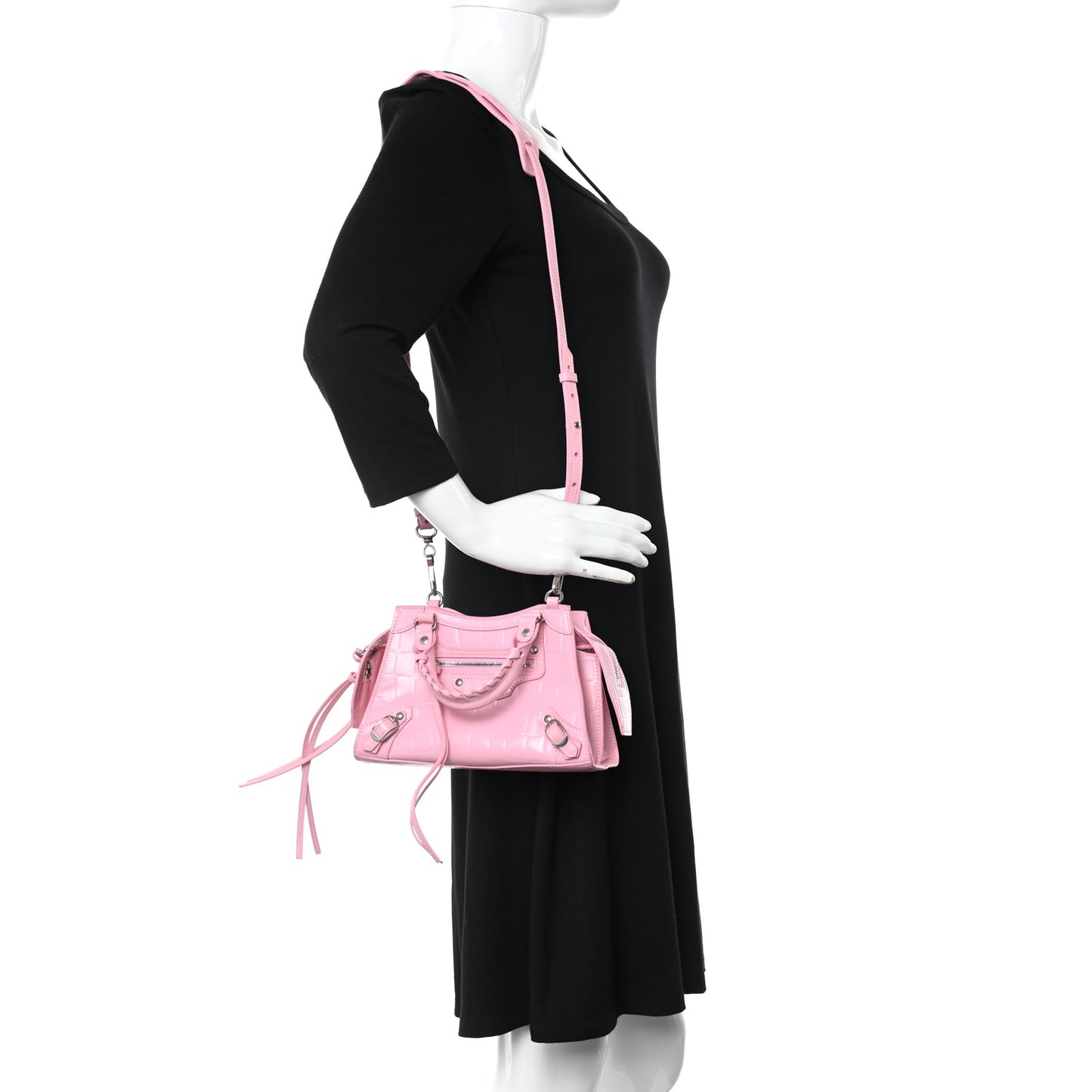 Semi Shiny Calfskin Crocodile Embossed Neo Classic Silver Hardware Mini City Pink