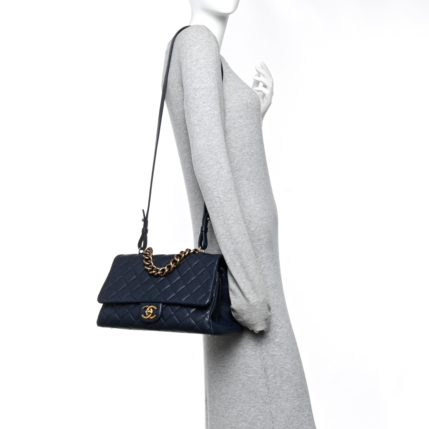 Chanel Shiny Sheepskin Quilted Large Trapezio Flap Navy 2 of 10