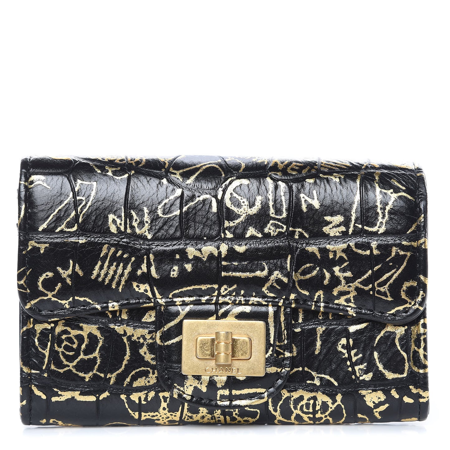 Calfskin Crocodile Embossed Graffiti 2.55 Cocodile Reissue Flap Card Holder Black Gold