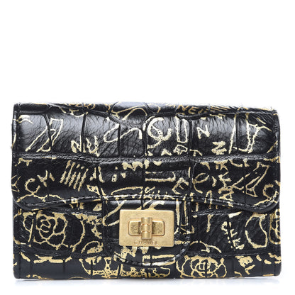 Chanel Calfskin Crocodile Embossed Graffiti 2.55 Cocodile Reissue Flap Card Holder Black Gold 1 of 9