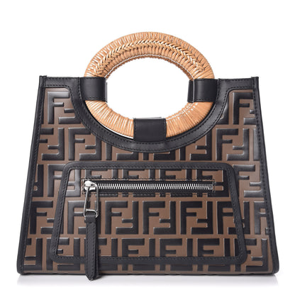 Fendi Vitello Century Wicker Bi-Color FF 1974 Embossed Small Runaway Shopper Tote Maya Black 1 of 9