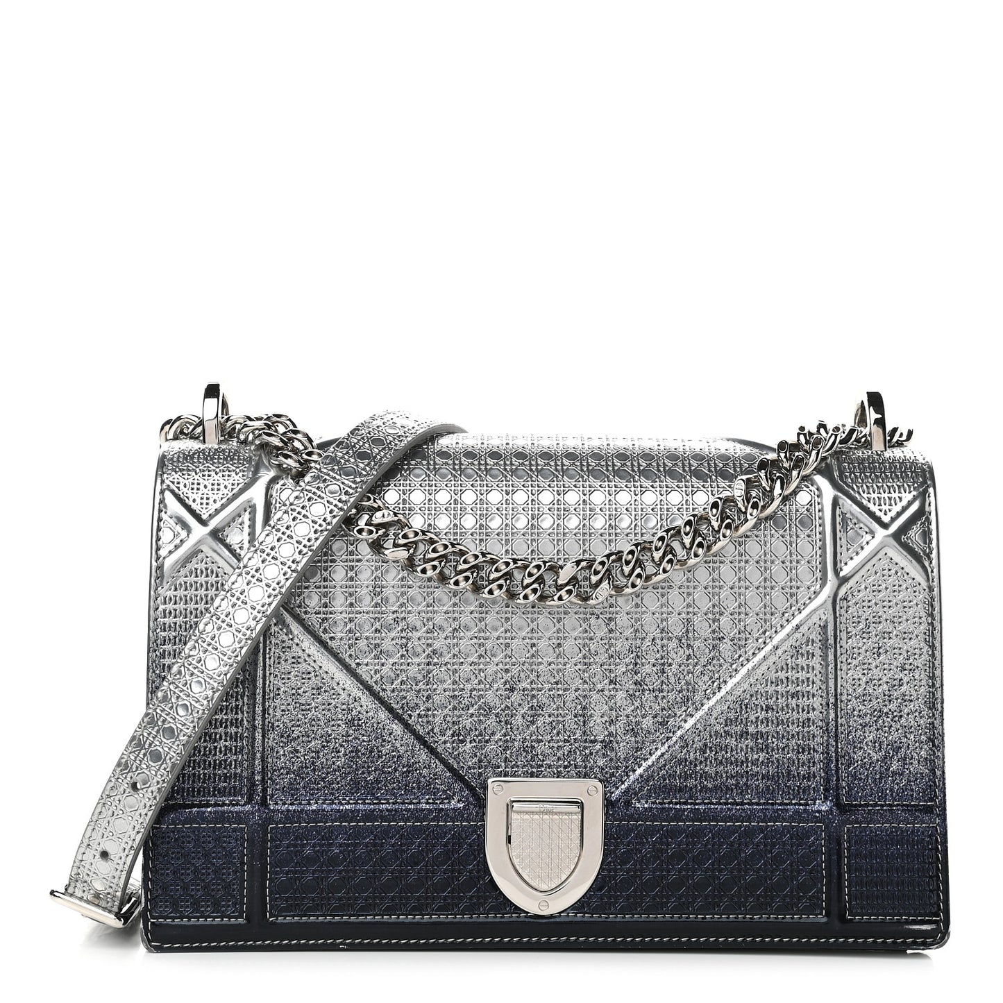 Metallic Patent Micro-Cannage Gradient Medium Diorama Flap Bag Silver Blue