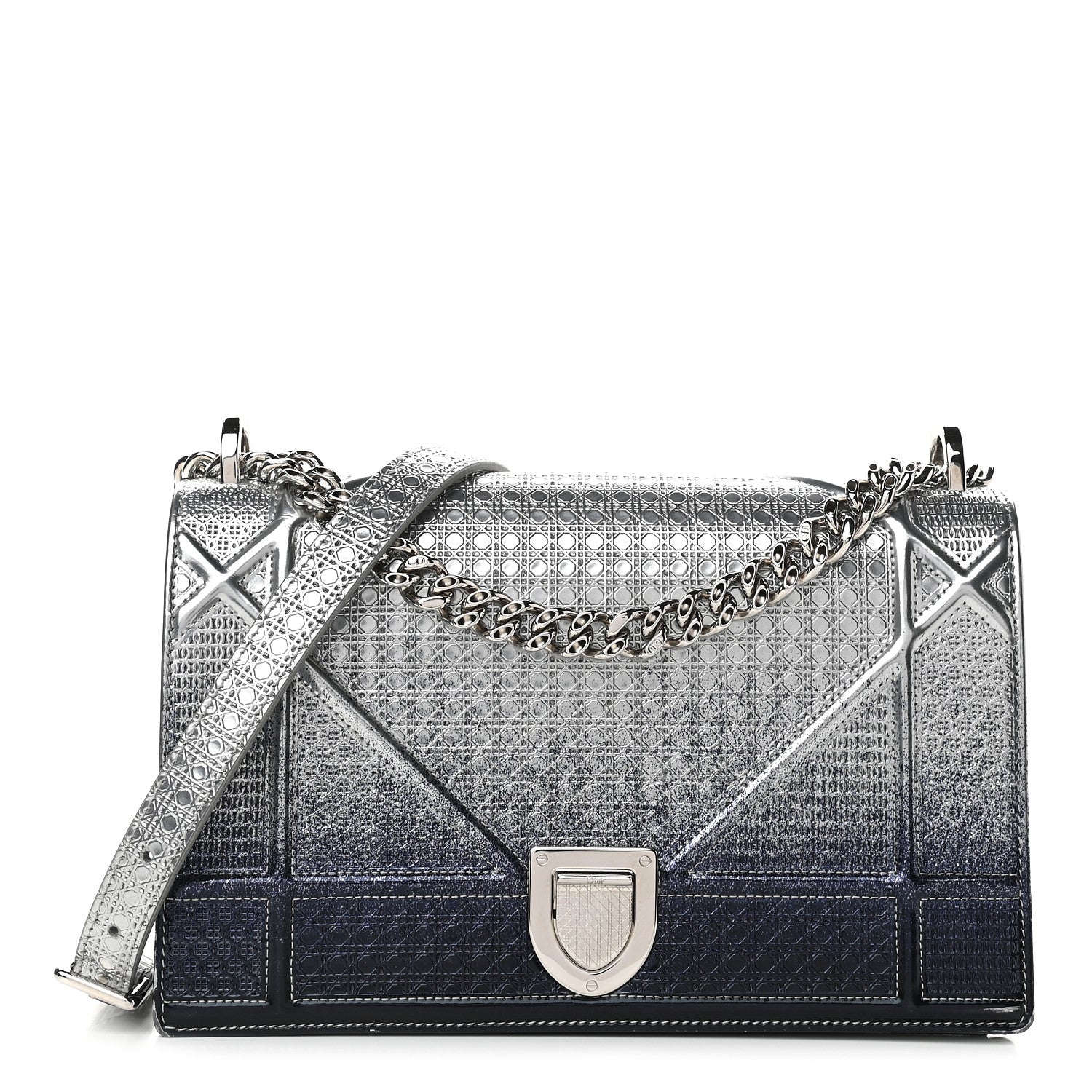 Christian Dior Metallic Patent Micro-Cannage Gradient Medium Diorama Flap Bag Silver Blue 1 of 11