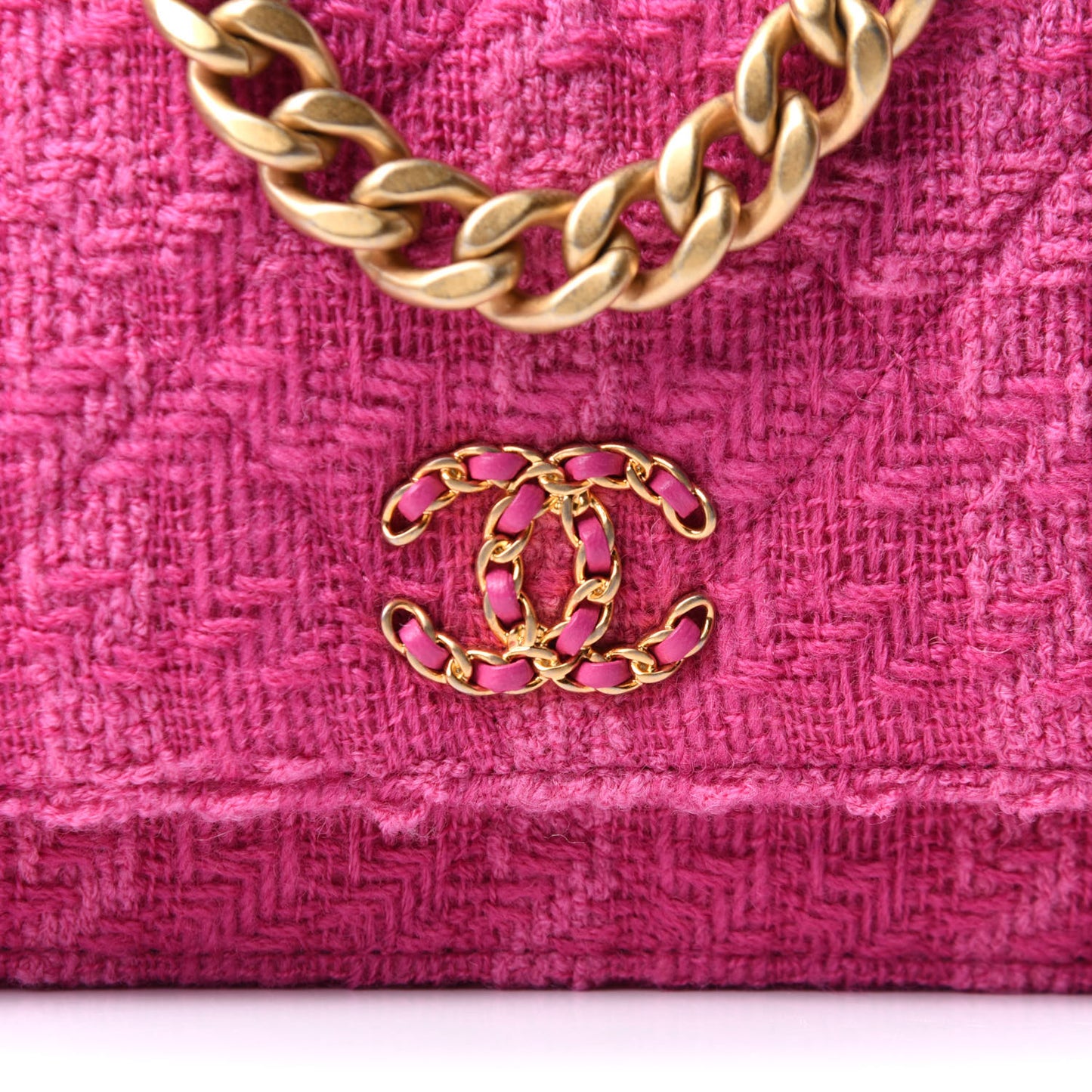 Wool Tweed Lambskin Quilted Chanel 19 Wallet On Chain WOC and Coin Purse Fuchsia