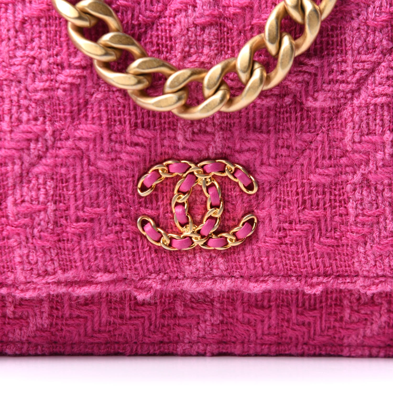Chanel Wool Tweed Lambskin Quilted Chanel 19 Wallet On Chain WOC and Coin Purse Fuchsia 8 of 13