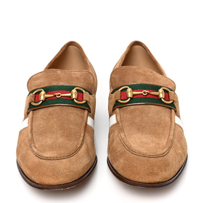 Gucci X ADIDAS Suede Supersofty Quentin Goatskin Web Mens Horsebit Loafers 10 Nocciola Off White 2 of 8
