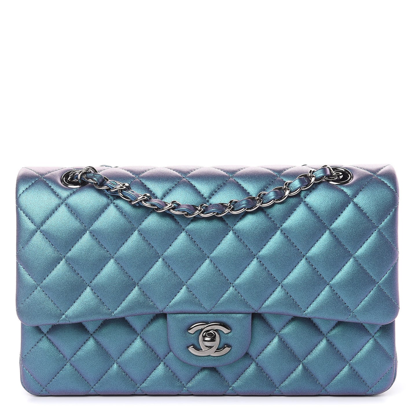 Metallic Lambskin Quilted Medium Double Flap Turquoise