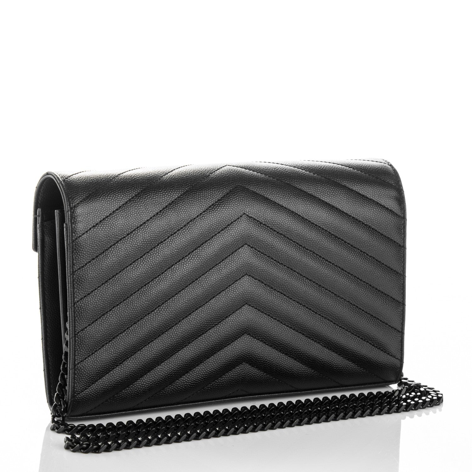 Saint Laurent Grain De Poudre Matelasse Chevron Monogram Chain Wallet Black 3 of 6