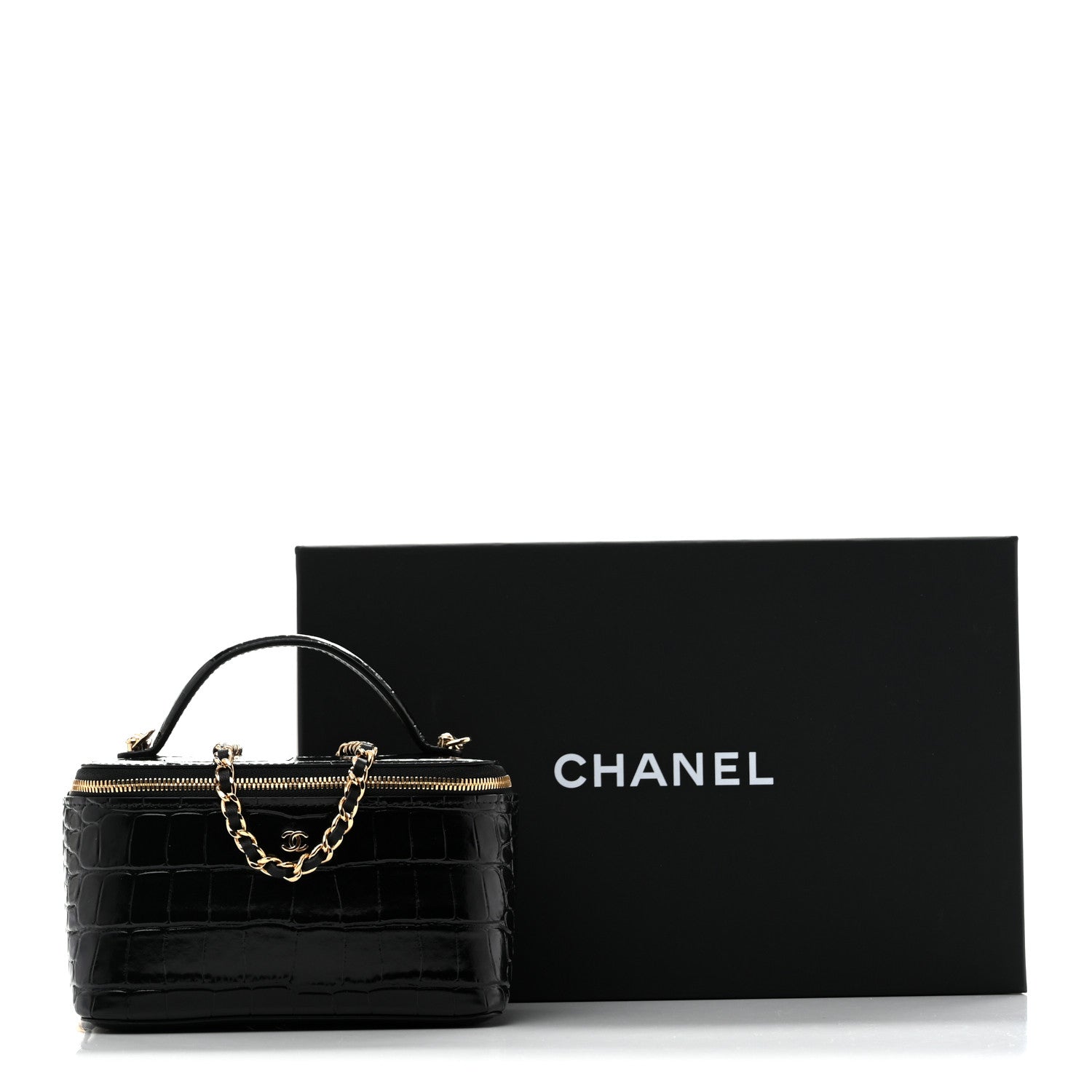 Chanel Calfskin Crocodile Embossed Exoticoco Small Top Handle Vanity Case With Chain Black 12 of 12