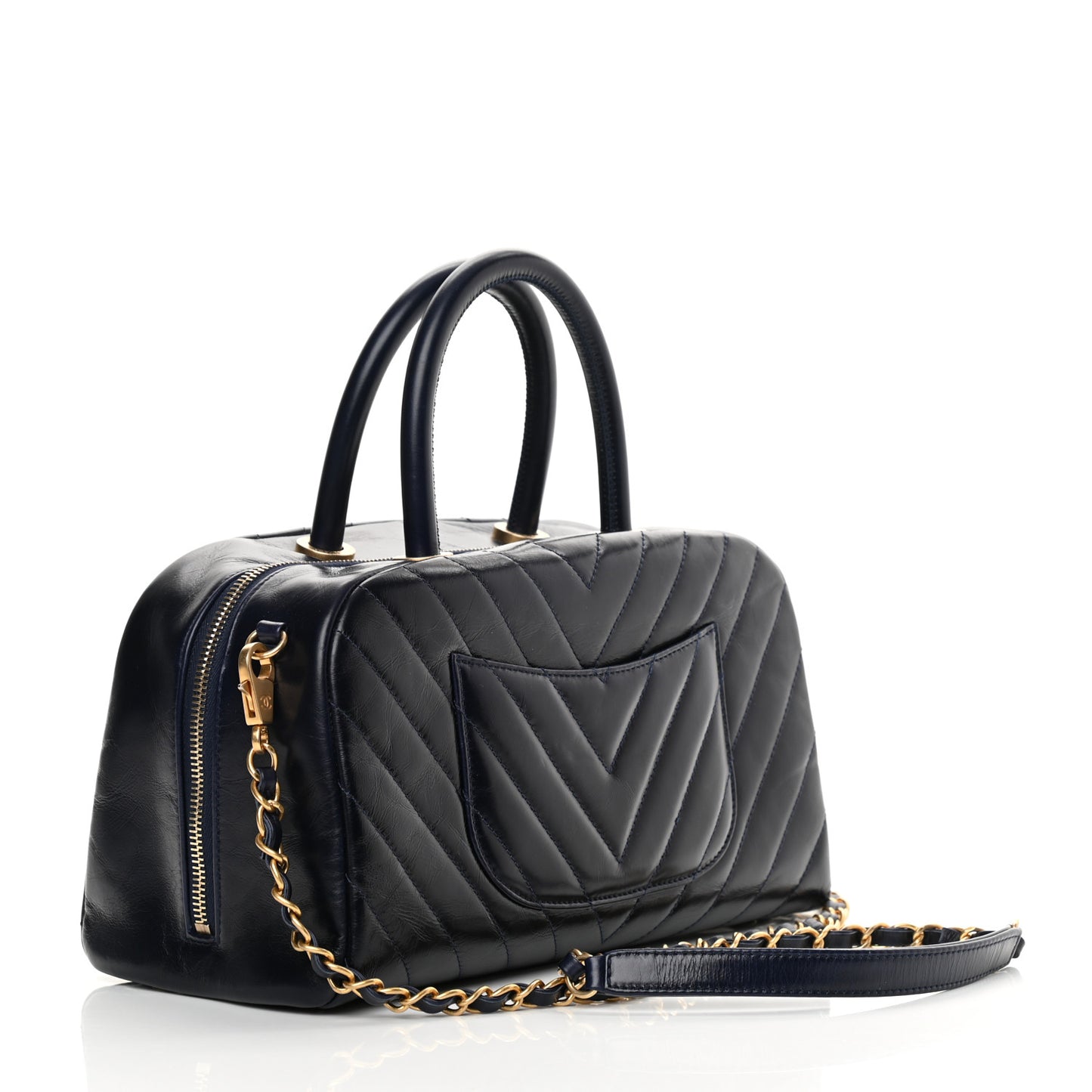 Glazed Calfskin Chevron Small Bowling Bag Navy