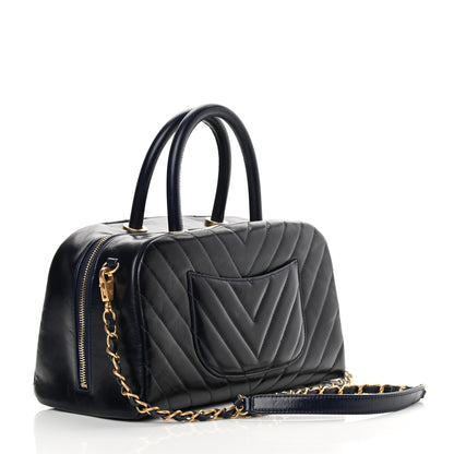 Chanel Glazed Calfskin Chevron Small Bowling Bag Navy 2 of 13
