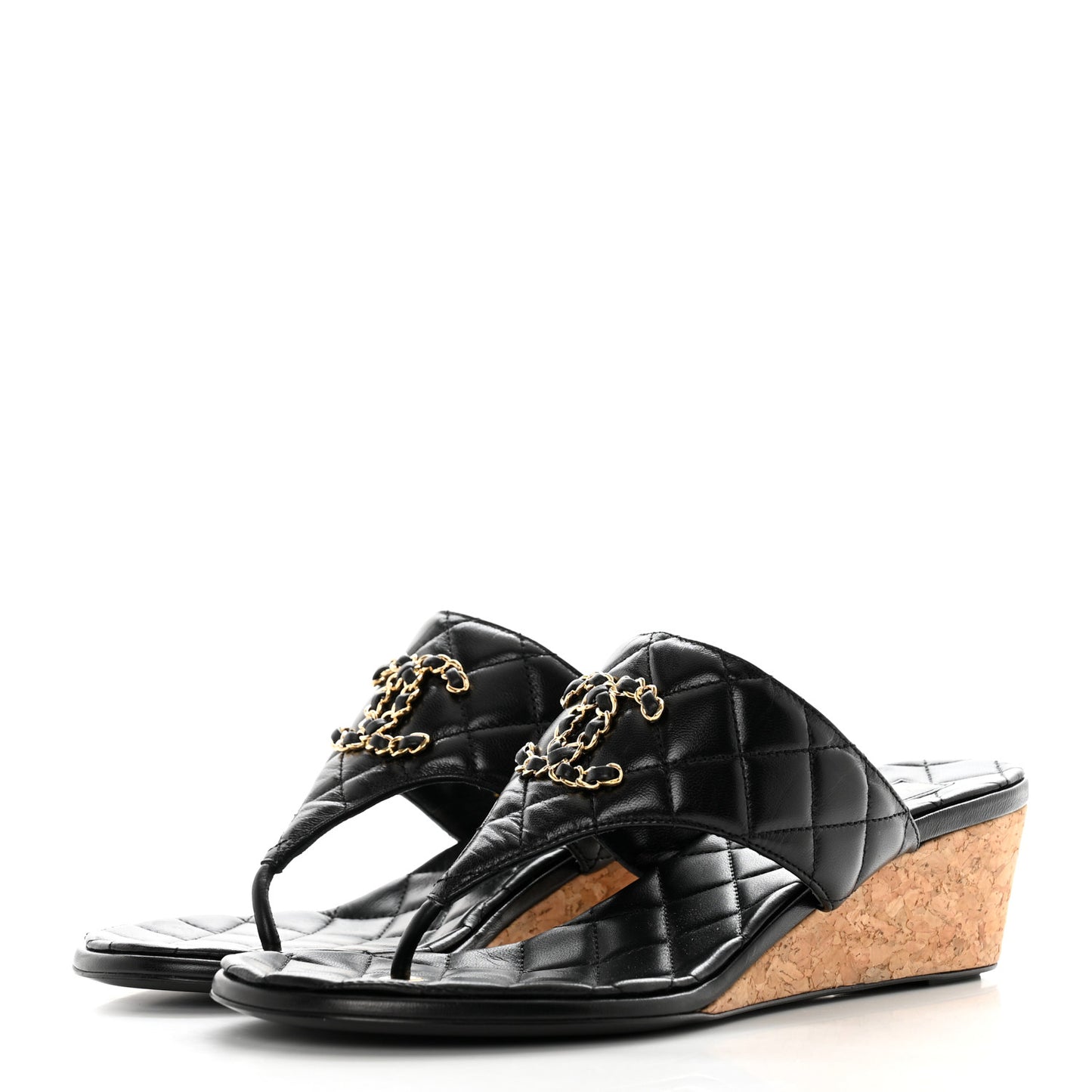Shiny Goatskin Cork CC Wedge Sandals 39 Black