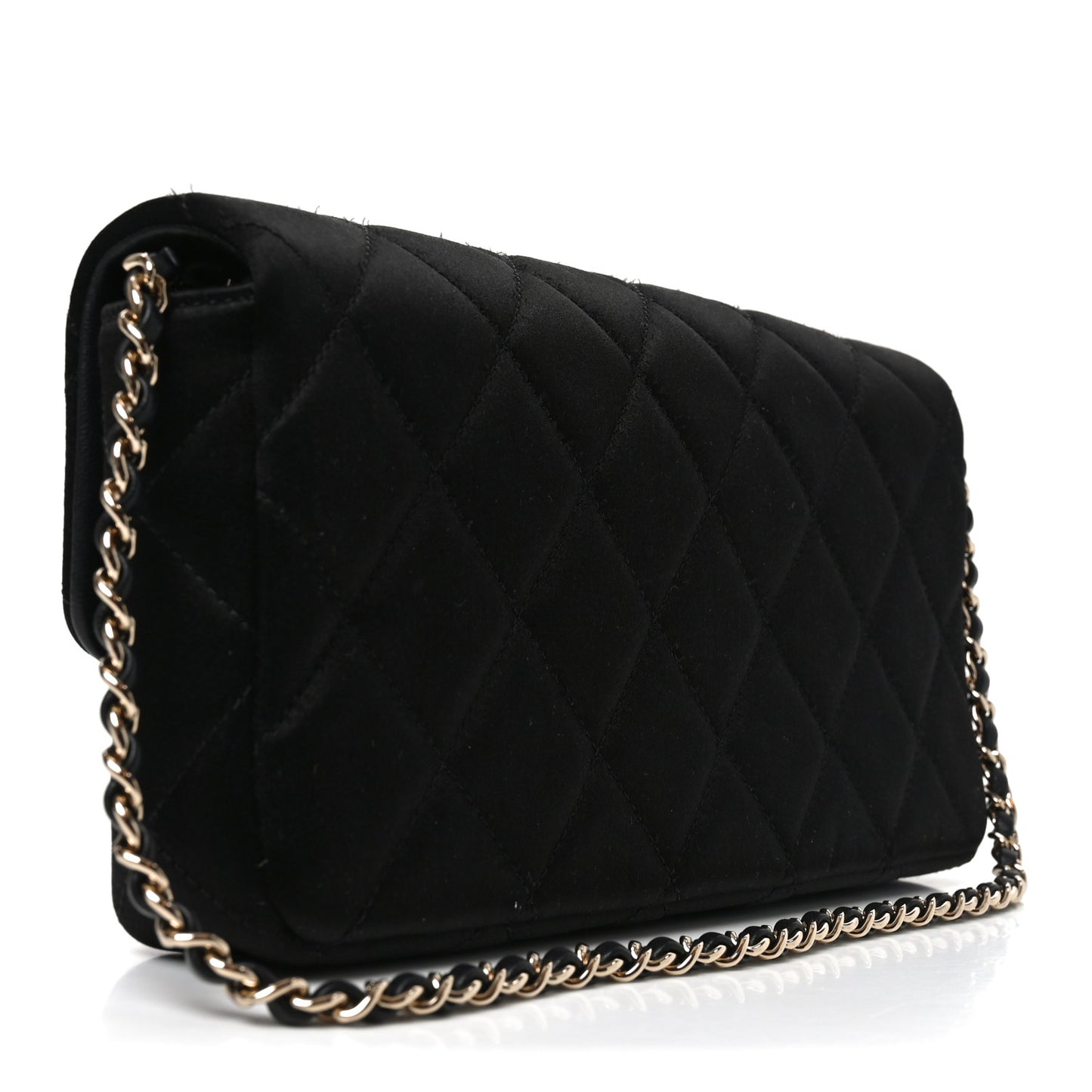 Satin Quilted Pearl CC Flap Clutch Black