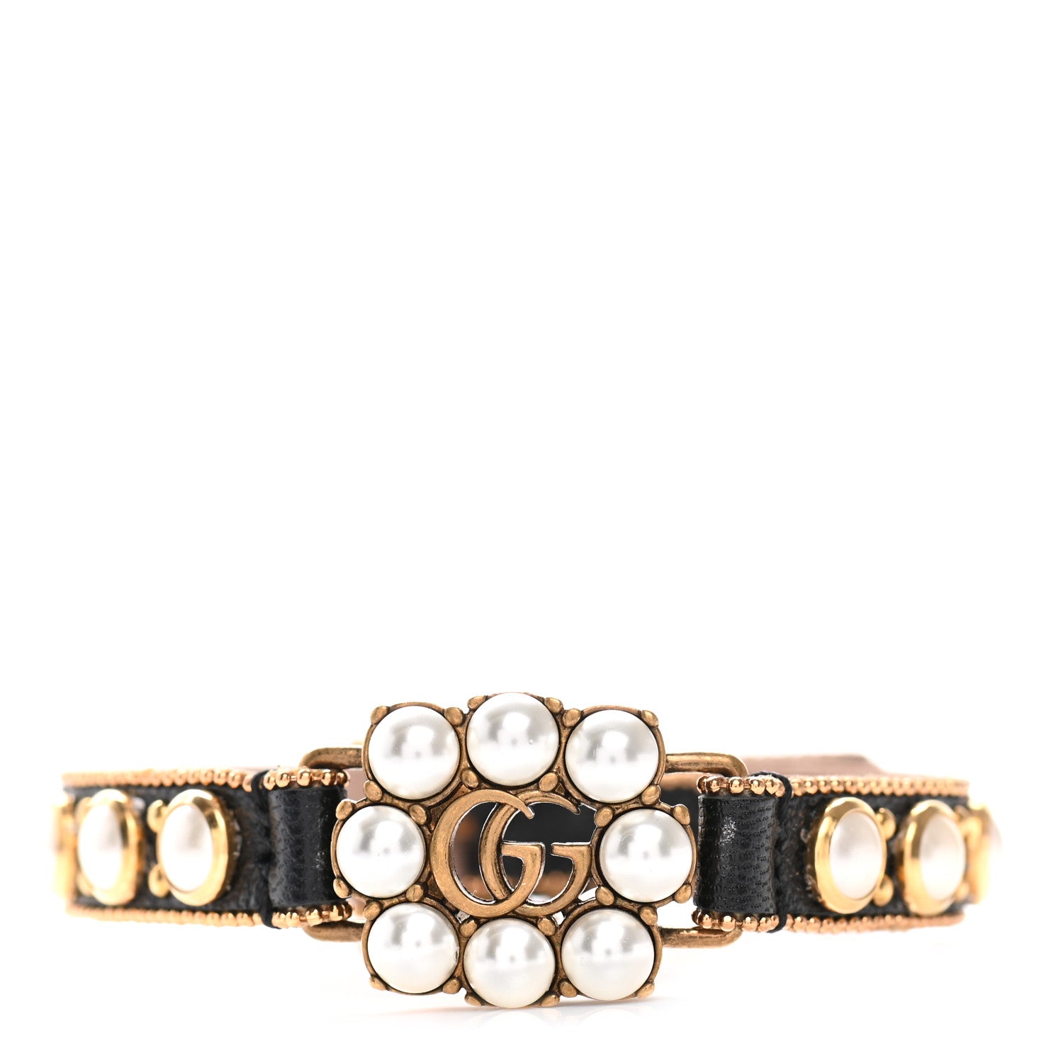 Gucci Metal Calfskin Pearl Double G Bracelet Black 1 of 5