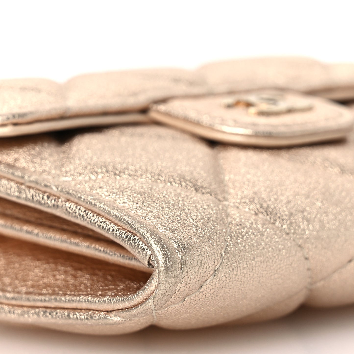 Metallic Lambskin Quilted Flap Card Holder On Chain Gold