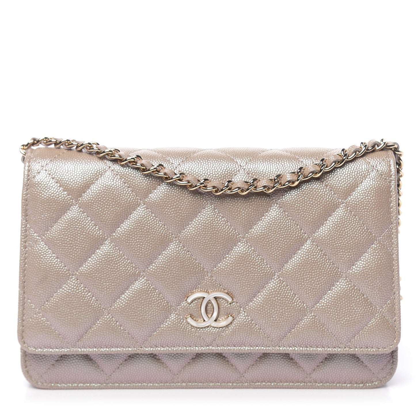 Iridescent Caviar Quilted Wallet On Chain WOC Beige
