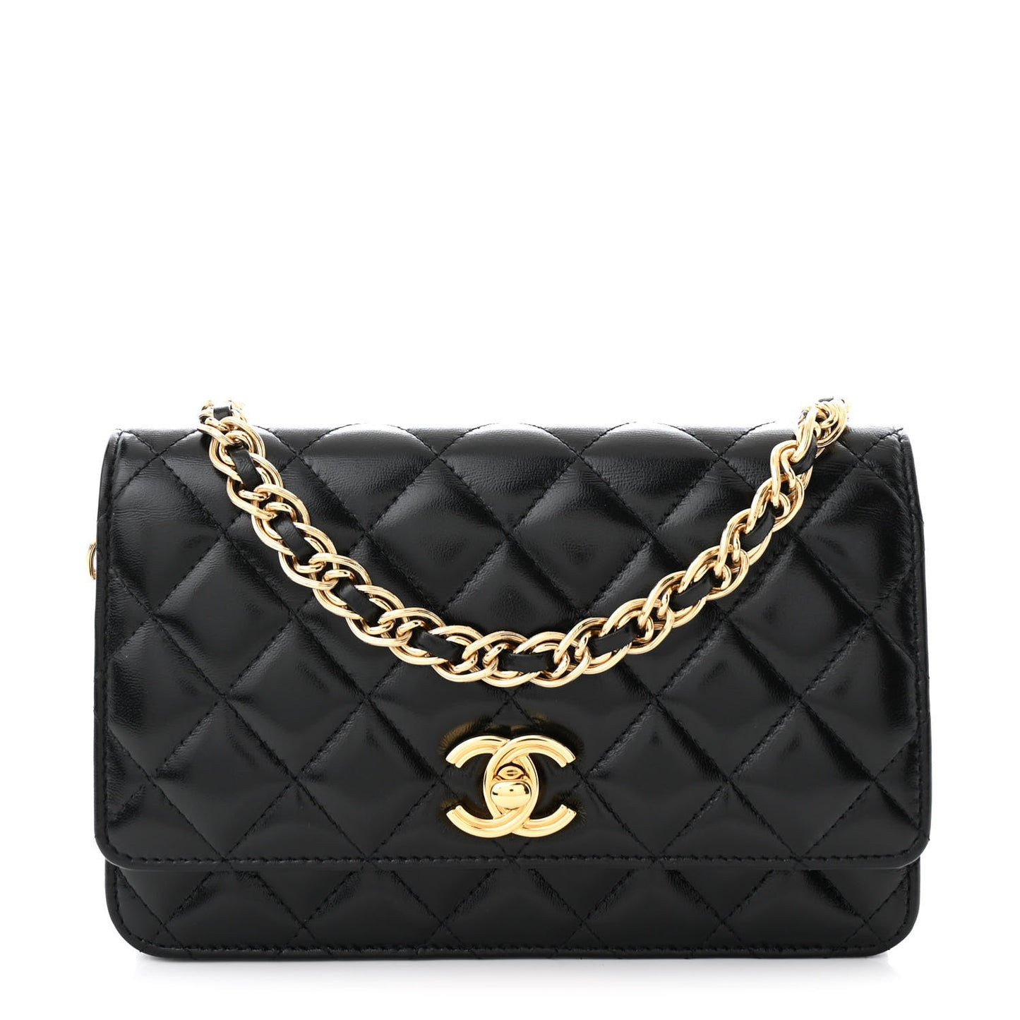 Shiny Lambskin Quilted Golden Links Wallet On Chain WOC Black
