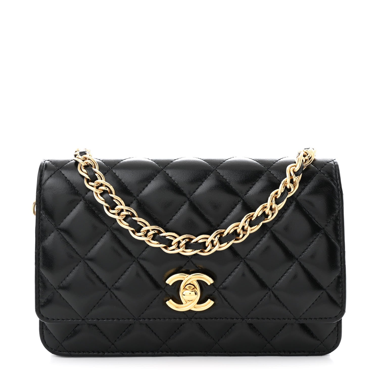 Chanel Shiny Lambskin Quilted Golden Links Wallet On Chain WOC Black 1 of 11