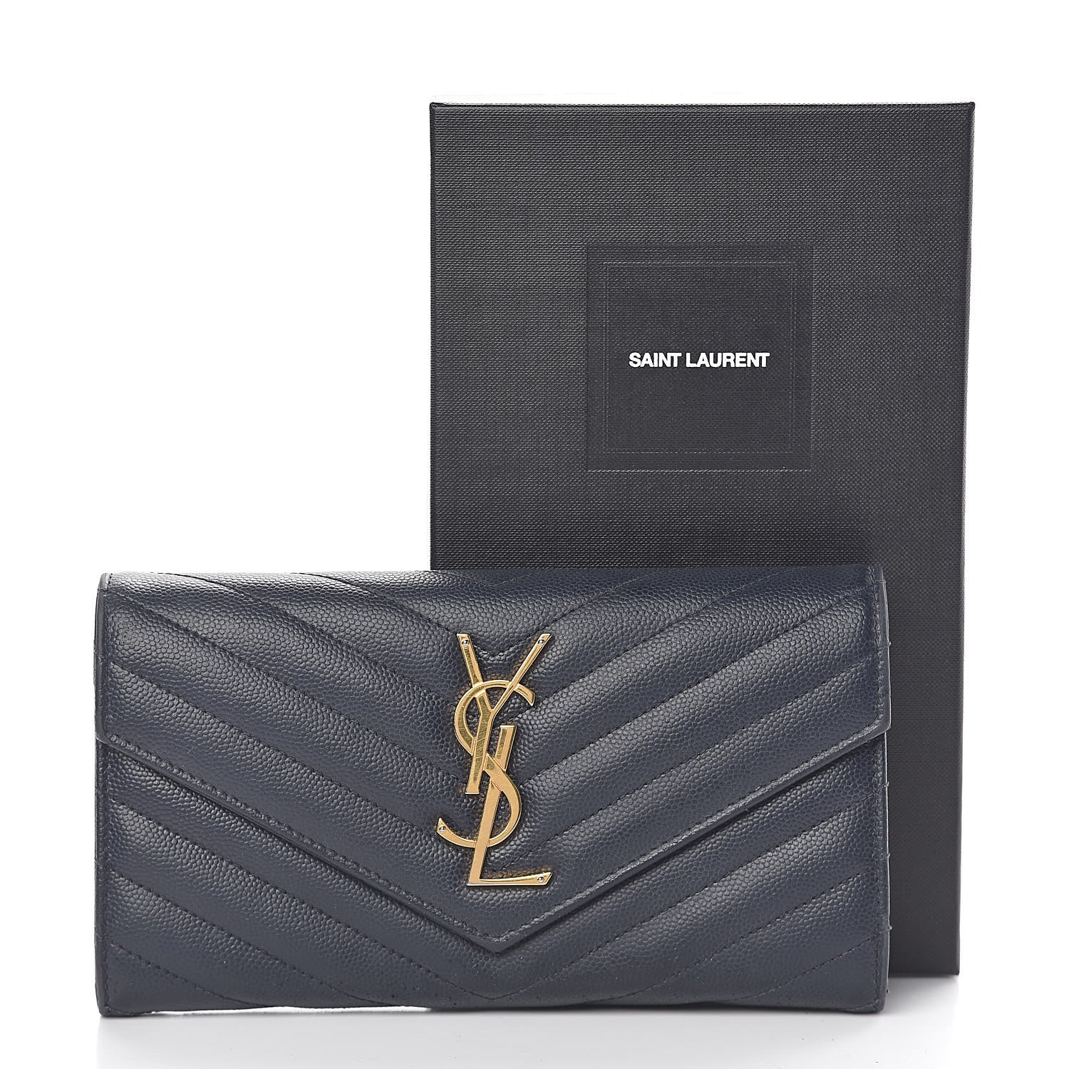 Saint Laurent Grain De Poudre Matelasse Chevron Monogram Flap Wallet Deep Marine 12 of 12