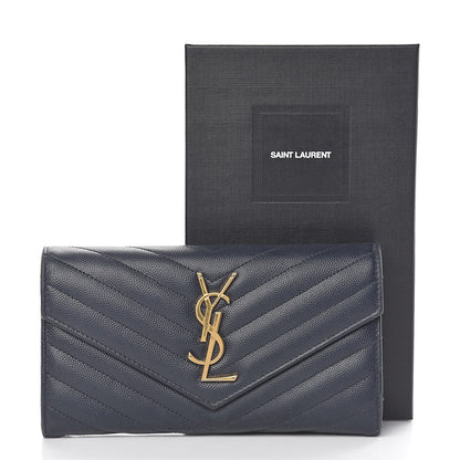 Saint Laurent Grain De Poudre Matelasse Chevron Monogram Flap Wallet Deep Marine 12 of 12