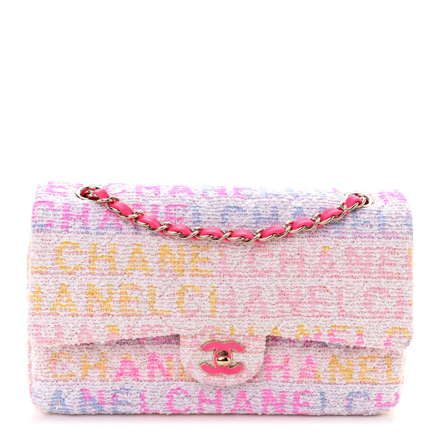 Tweed Quilted Medium Double Flap Pink Multicolor