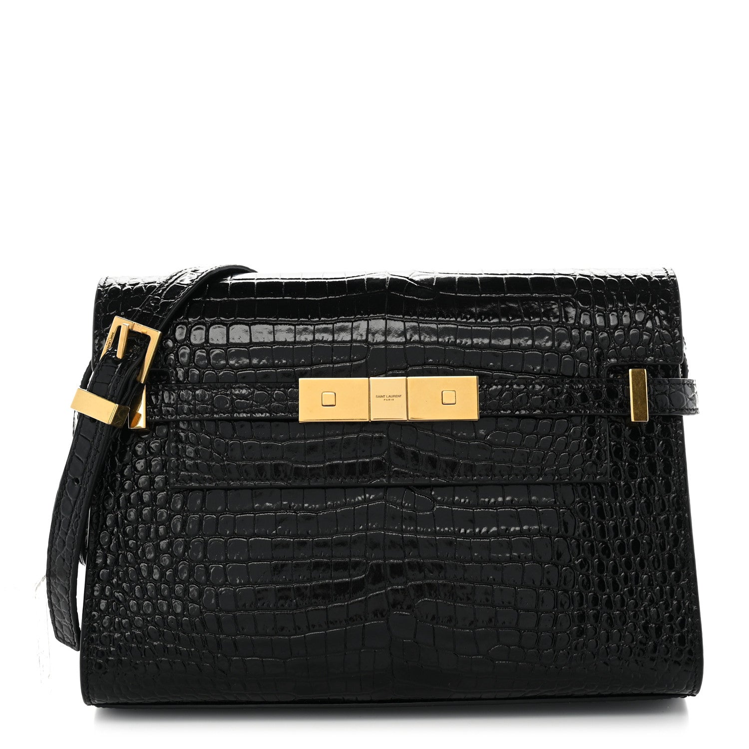 Saint Laurent Shiny Calfskin Crocodile Embossed Small Manhattan Baguette Black 1 of 11