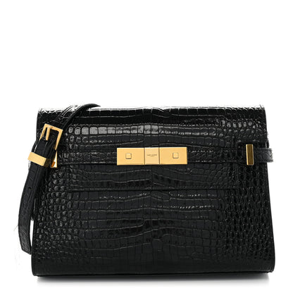 Saint Laurent Shiny Calfskin Crocodile Embossed Small Manhattan Baguette Black 1 of 11