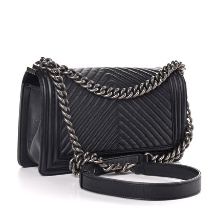 Chanel Calfskin Chevron Quilted Medium Boy Flap Dark Navy Blue 3 of 14