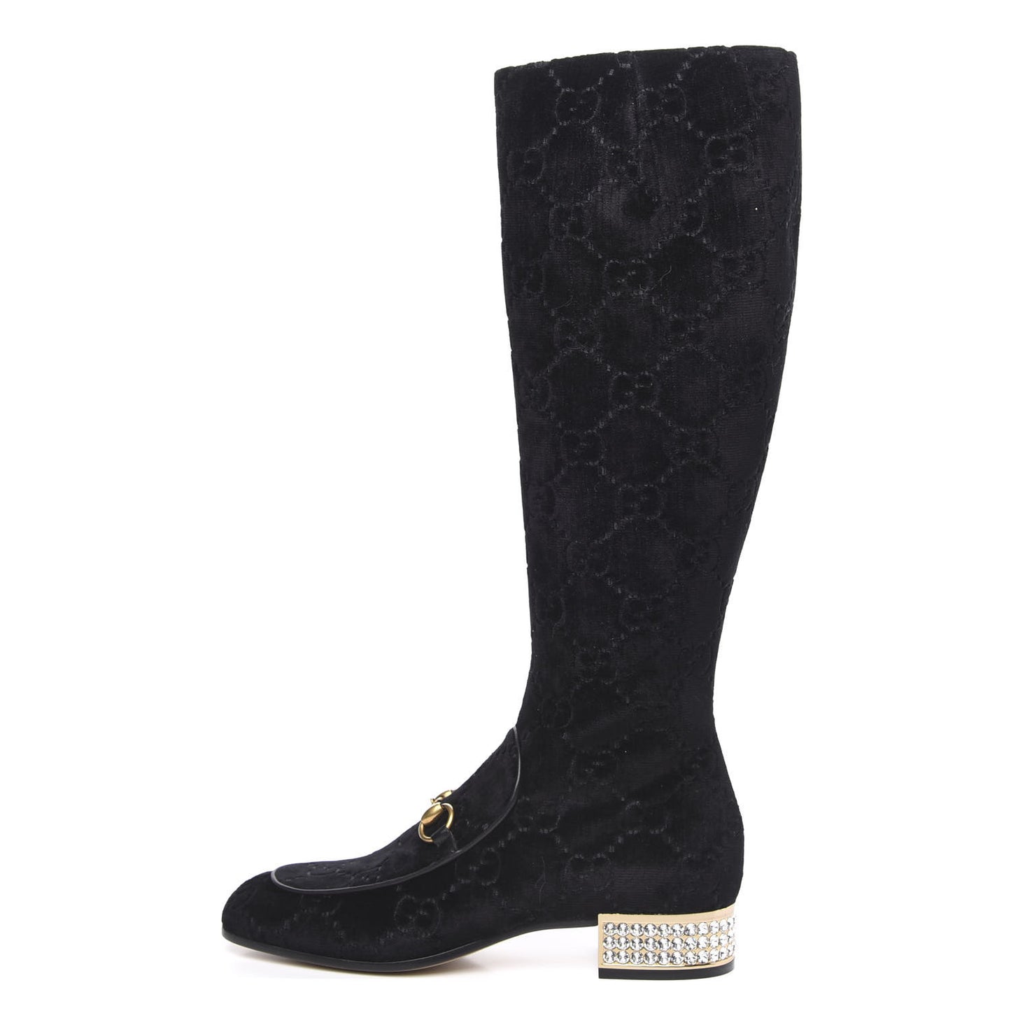 Velvet GG Monogram Crystal Horsebit Knee High Boots 39.5 Black