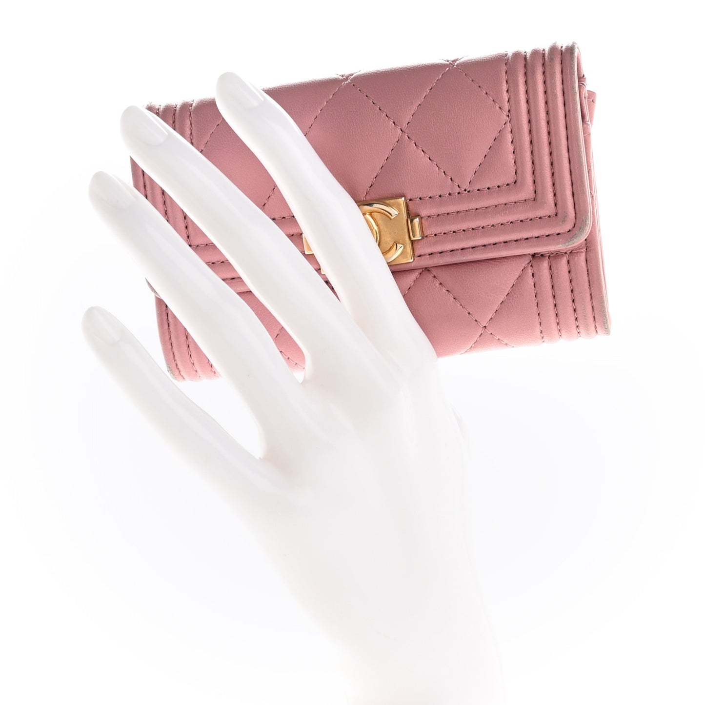 Metallic Lambskin Quilted Boy Flap Card Holder Pink