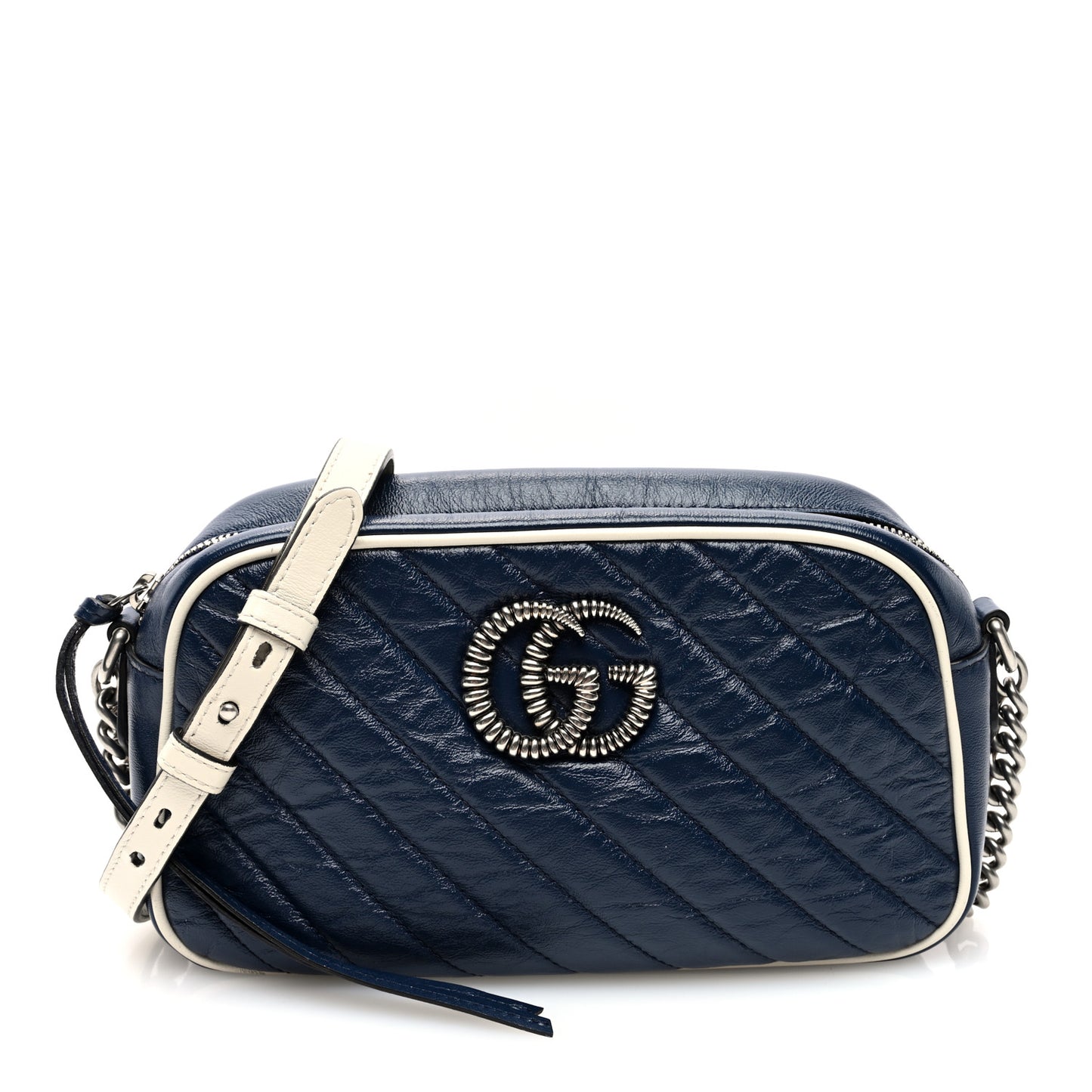 Vintage Effect Calfskin Matelasse Diagonal Small Torchon GG Marmont Chain Shoulder Bag Blue Agata Mystic White
