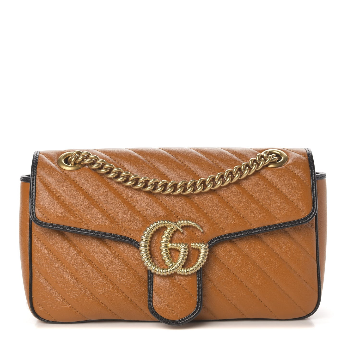 Vintage Effect Calfskin Matelasse Diagonal Small Torchon GG Marmont Shoulder Bag Cognac Black
