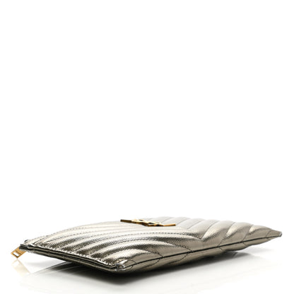 Saint Laurent Metallic Grain De Poudre Matelasse Chevron Monogram Bill Pouch Piombo 4 of 13